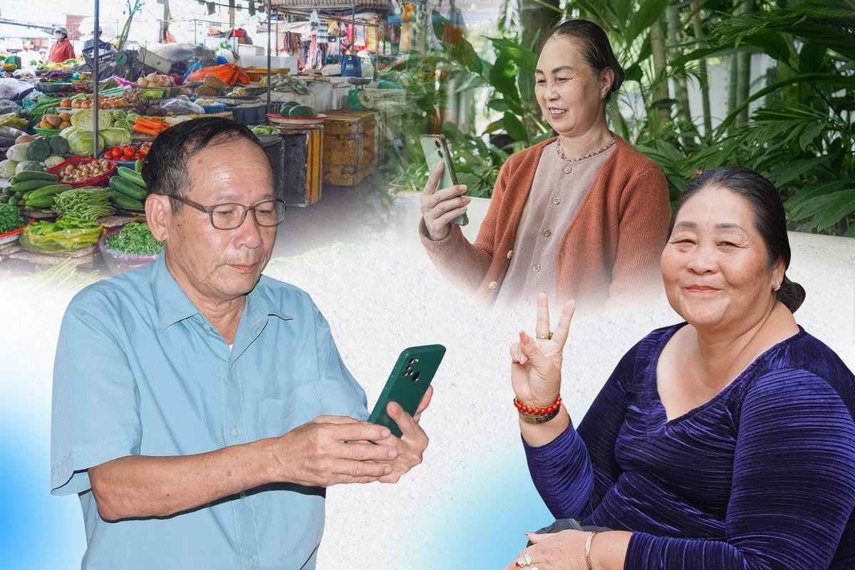 Ba người lớn tuổi xanh, tím, cam nâu dùng điện thoại xanh lá ở chợ, vườn cây.