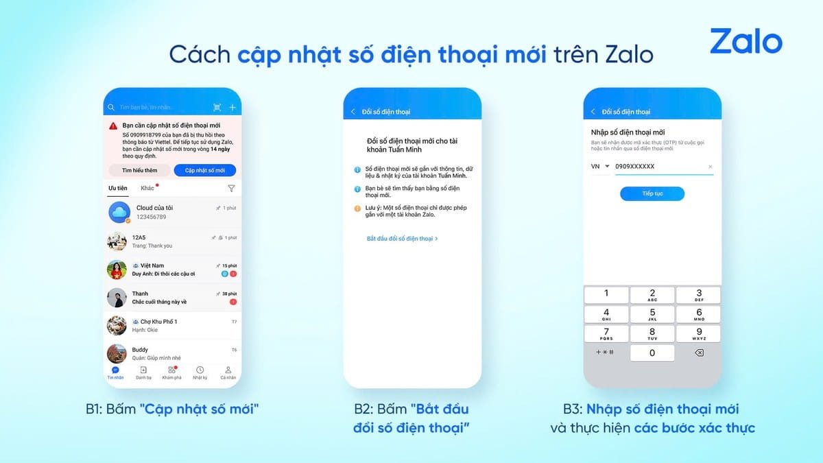 Zalo hướng dẫn các bước cập nhật số điện thoại để tăng cường bảo mật tài khoản