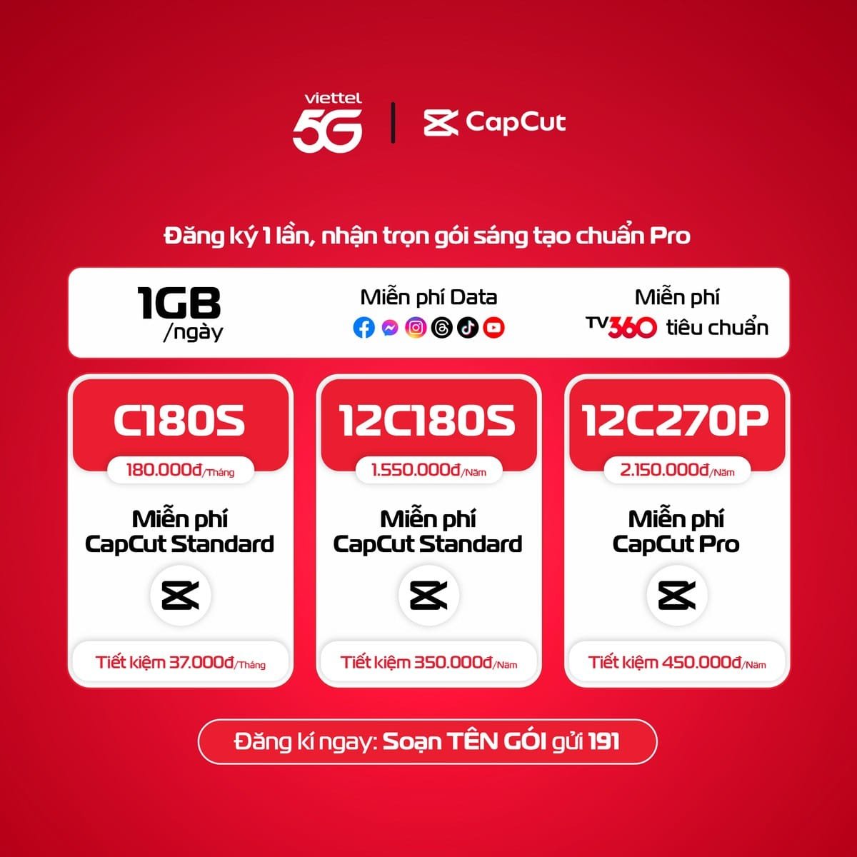 Bảng gói cước Viettel 5G tích hợp CapCut Standard và CapCut Pro