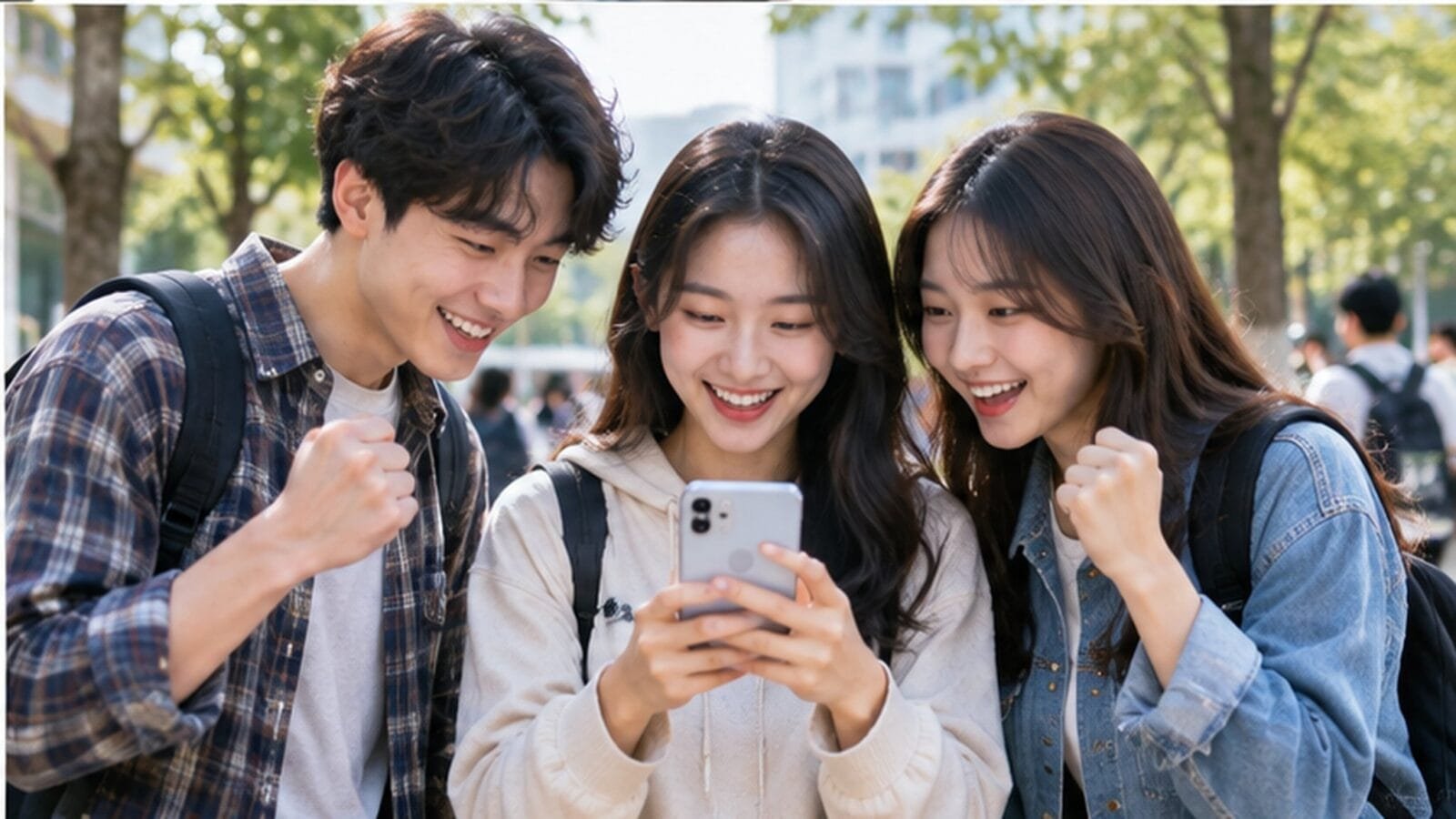 Nhóm sinh viên cùng xem điện thoại trong khuôn viên trường — Ảnh: minh họa AI