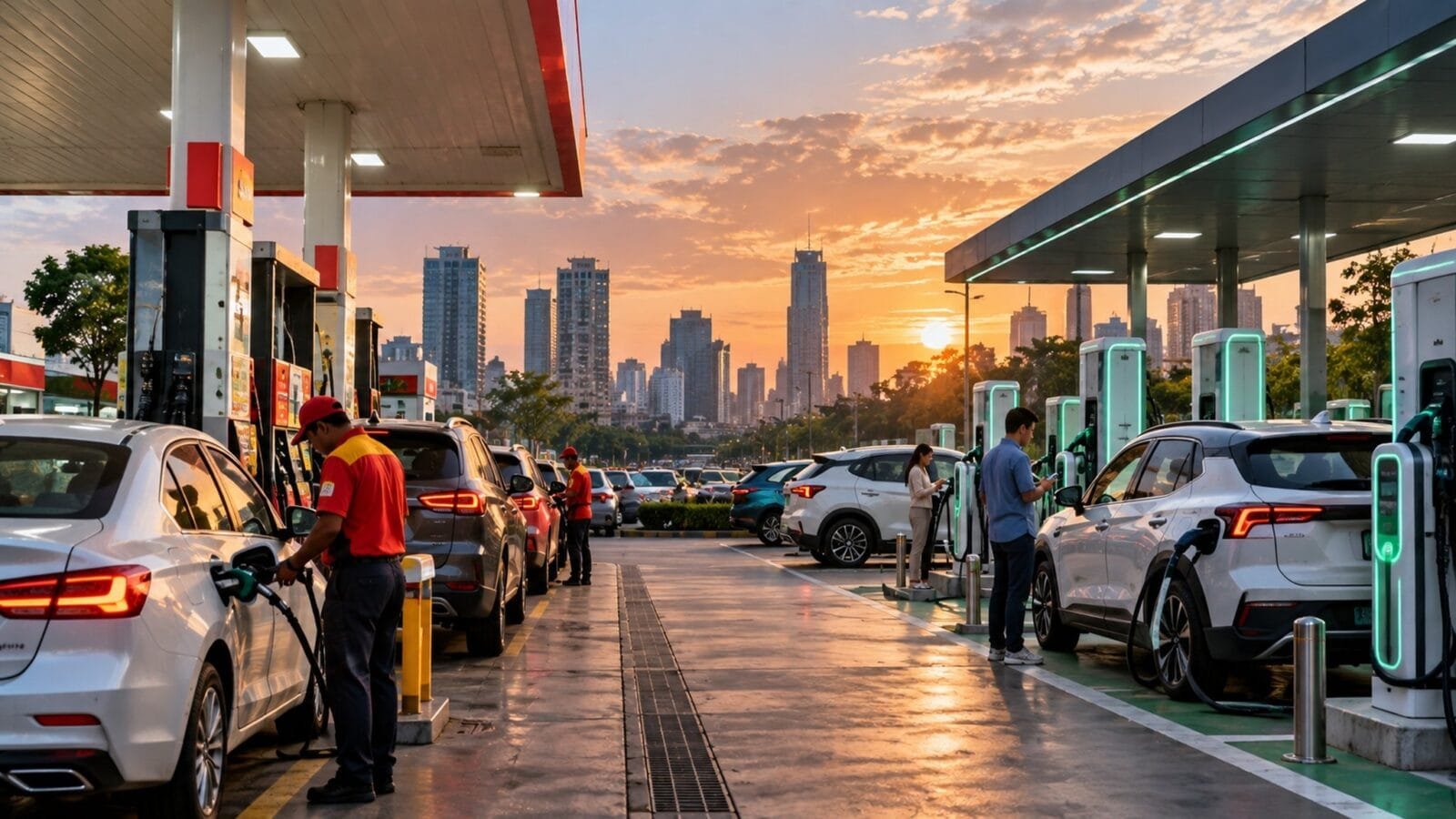 Khu tiếp nhiên liệu và trạm sạc xe điện cùng phục vụ người dùng — Ảnh: minh họa AI
