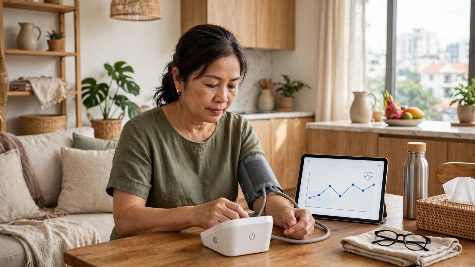 Người dân theo dõi sức khỏe tại nhà bằng thiết bị y tế thông minh kết nối ứng dụng, hướng ứng dụng của hệ sinh thái sức khỏe số VNPT