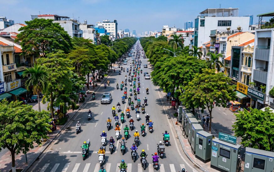 Đại lộ đô thị với dòng xe máy điện và tủ sạc ven đường, giao thông xanh tại thành phố đang phát triển