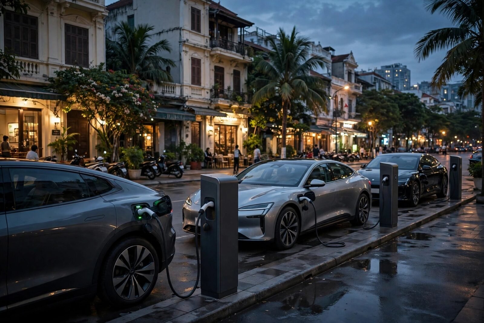 Xe điện đang sạc tại trạm sạc trong thành phố lúc hoàng hôn — thị trường ô tô Việt Nam tăng nhanh nhất ASEAN-6 nhờ xe điện