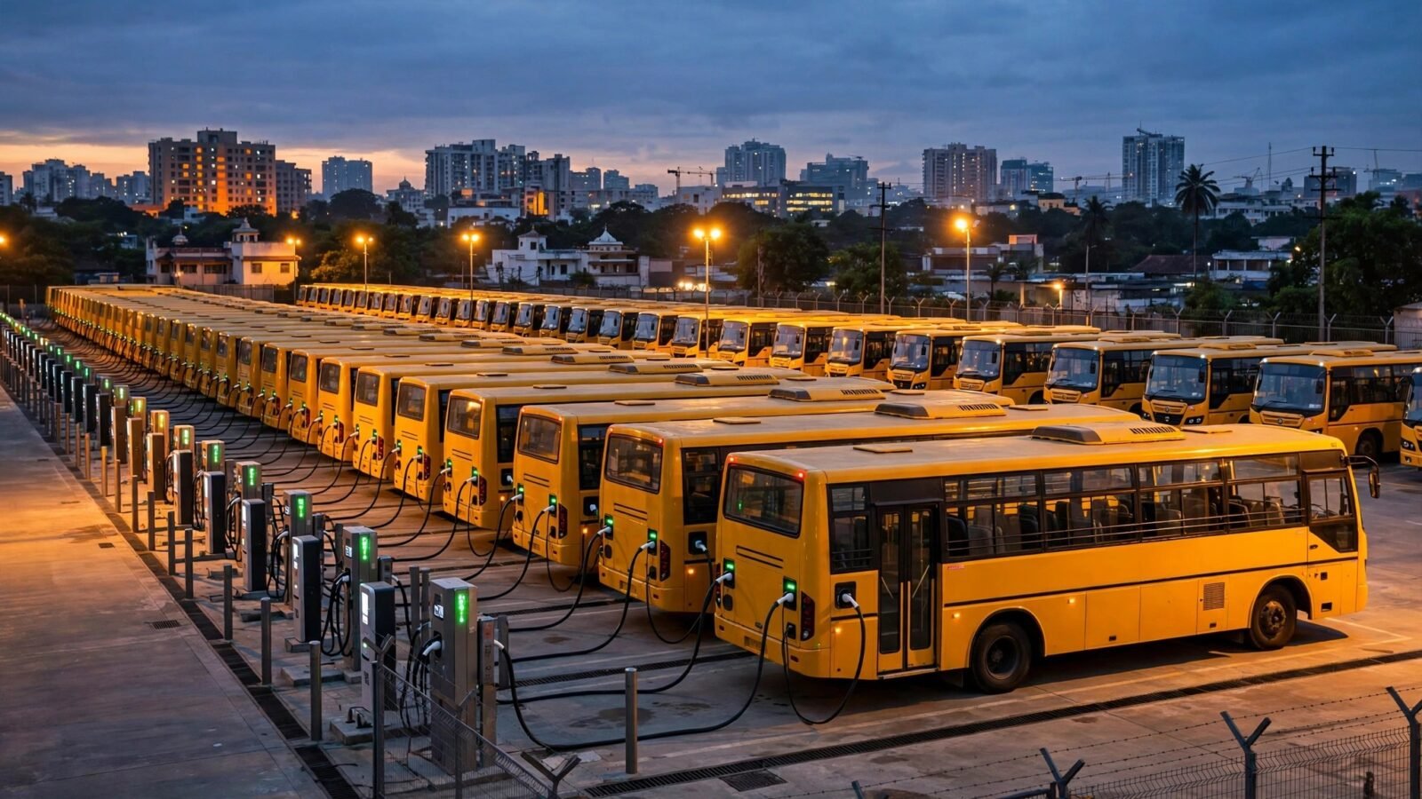Hàng dài xe buýt trường học màu vàng cắm sạc qua đêm tại bãi xe lớn ở Ấn Độ lúc chạng vạng