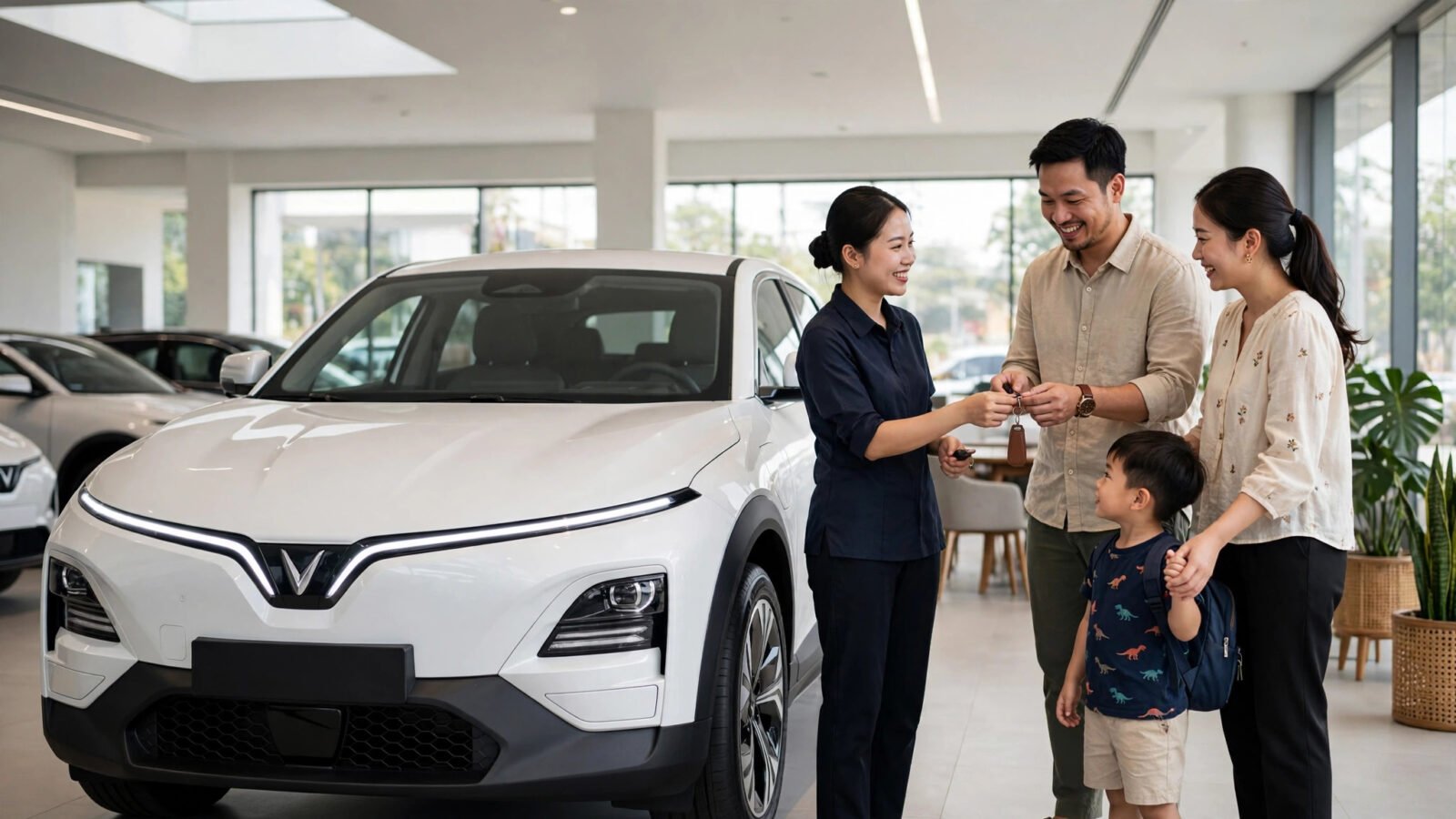Gia đình người Việt nhận chìa khóa xe điện VinFast VF 6 tại đại lý ở Việt Nam