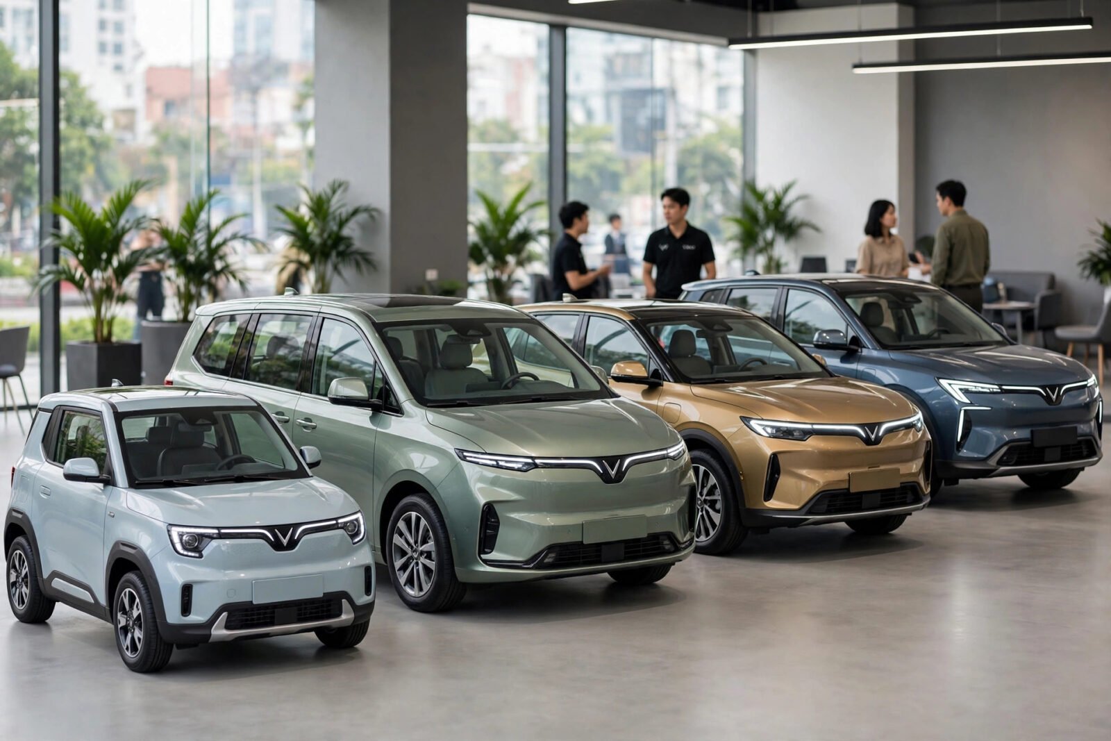 Dãy xe điện VinFast gồm VF 3, Limo Green, VF 6 và VF 8 trong showroom tại Việt Nam