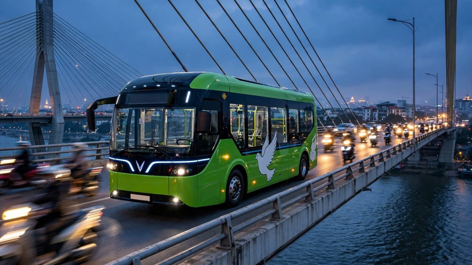 Xe buýt điện VinFast EB8 màu xanh Hanoibus chạy qua cầu dây văng tại Hà Nội lúc hoàng hôn