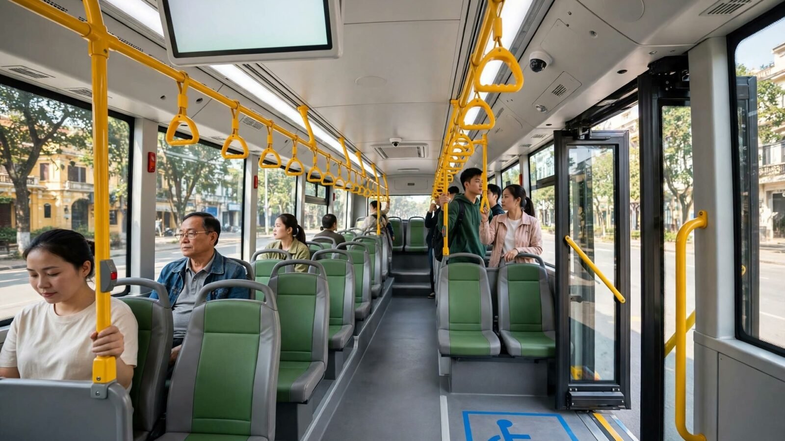 Khoang xe buýt điện VinFast EB8 với hàng ghế xanh, tay vịn vàng và vị trí dành cho xe lăn cạnh cửa
