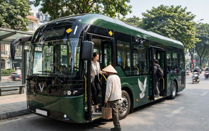 Xe buýt điện VinFast EB8 màu xanh Hanoibus mở cửa sàn thấp đón khách tại một điểm dừng ở Hà Nội