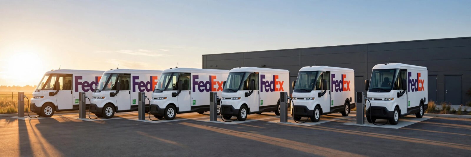 Đội xe tải điện FedEx cắm sạc tại kho logistics ở Bắc Mỹ