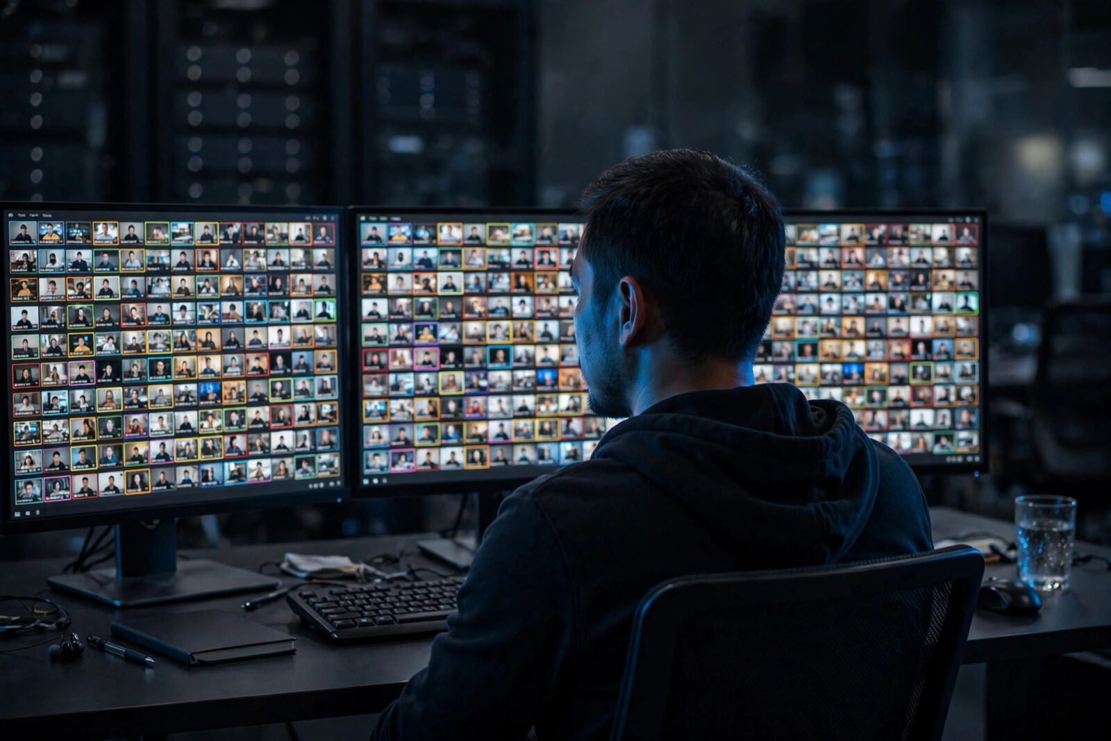 Biên tập viên xem lưới hình thu nhỏ của nhiều video trên các màn hình trong phòng kiểm duyệt nội dung