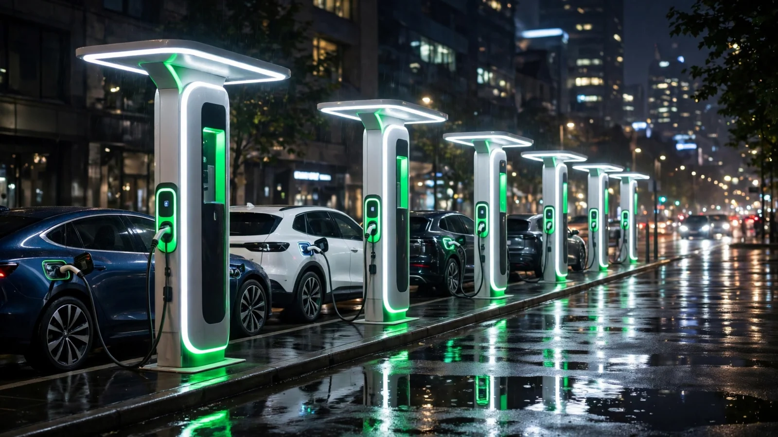 Trụ sạc Volt-Dragon và các trạm sạc siêu nhanh cho xe điện hoạt động về đêm trong thành phố
