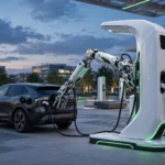 Trụ sạc Volt-Dragon công suất 1,44 MW của Chery với cánh tay robot đang sạc cho xe điện lúc chạng vạng