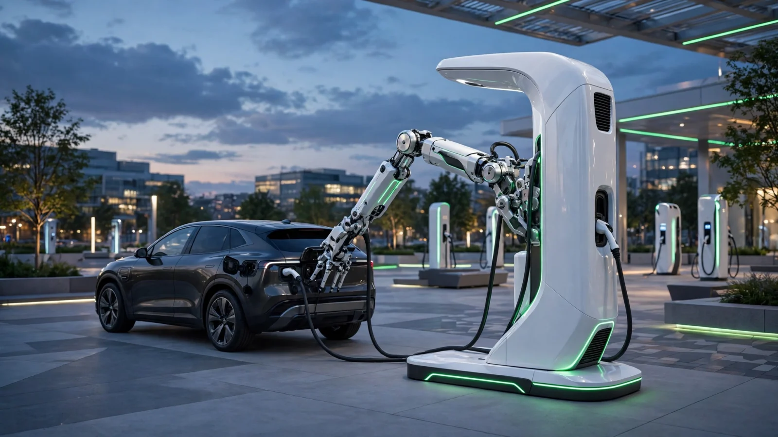 Trụ sạc Volt-Dragon công suất 1,44 MW của Chery với cánh tay robot đang sạc cho xe điện lúc chạng vạng