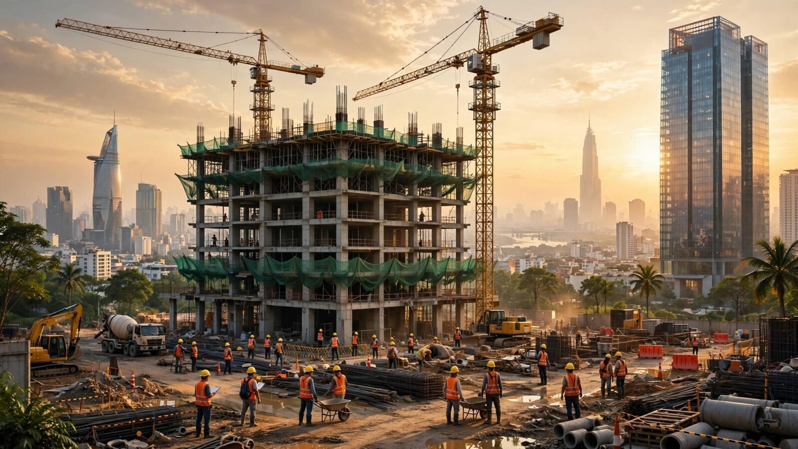 Công trường xây dựng cao tầng với cần cẩu tháp, công nhân đội mũ bảo hộ (ảnh minh họa)