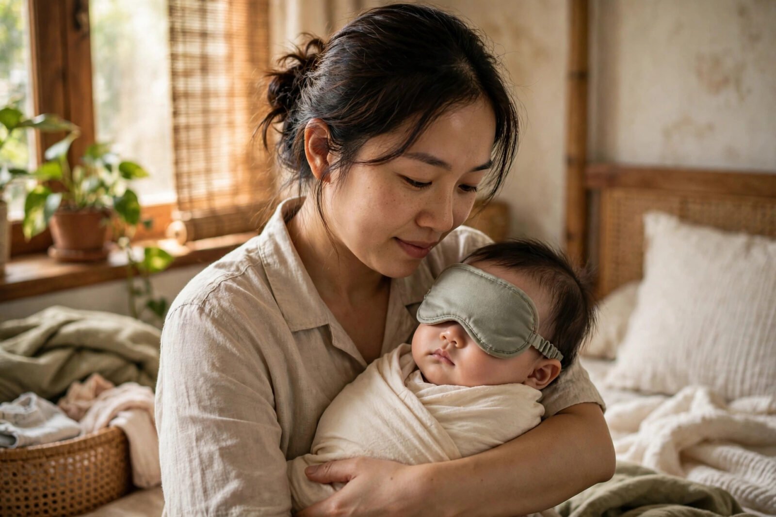 Mẹ bế em bé đang ngủ với mũ che mắt Sleepy Hat
