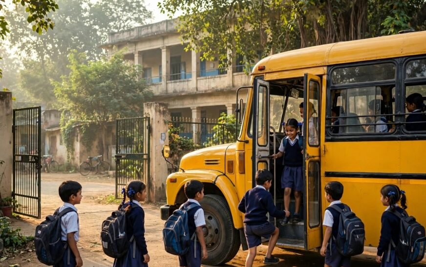 Học sinh Ấn Độ mặc đồng phục bước lên xe buýt trường học màu vàng trước cổng trường vào buổi sáng