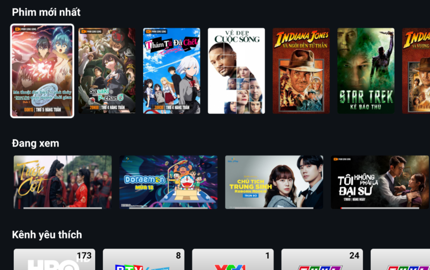 Giao diện MyTV với các mục Phim mới nhất, Đang xem và Kênh yêu thích