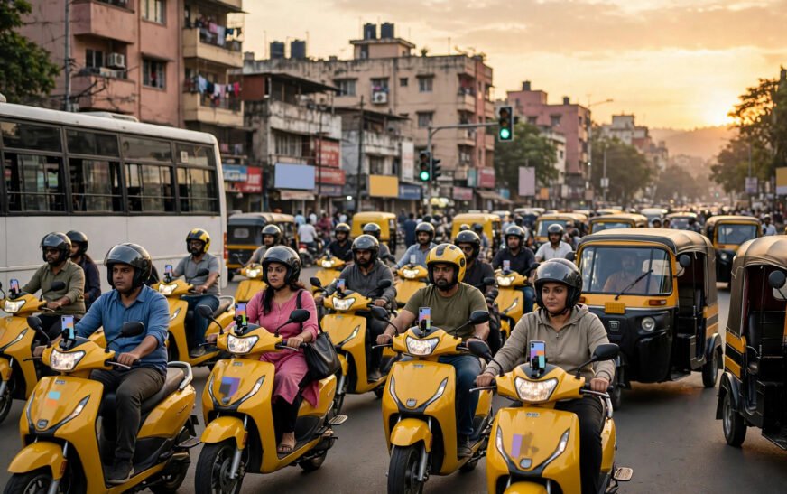 Dòng xe hai bánh đông đúc tại một nút giao ở Ấn Độ lúc hoàng hôn