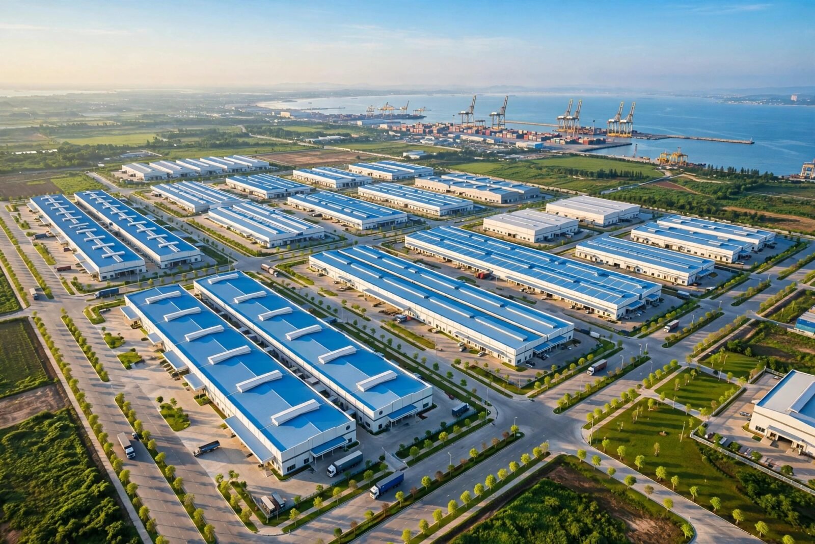 Toàn cảnh khu công nghiệp hiện đại với dãy nhà xưởng và cảng biển nước sâu phía xa