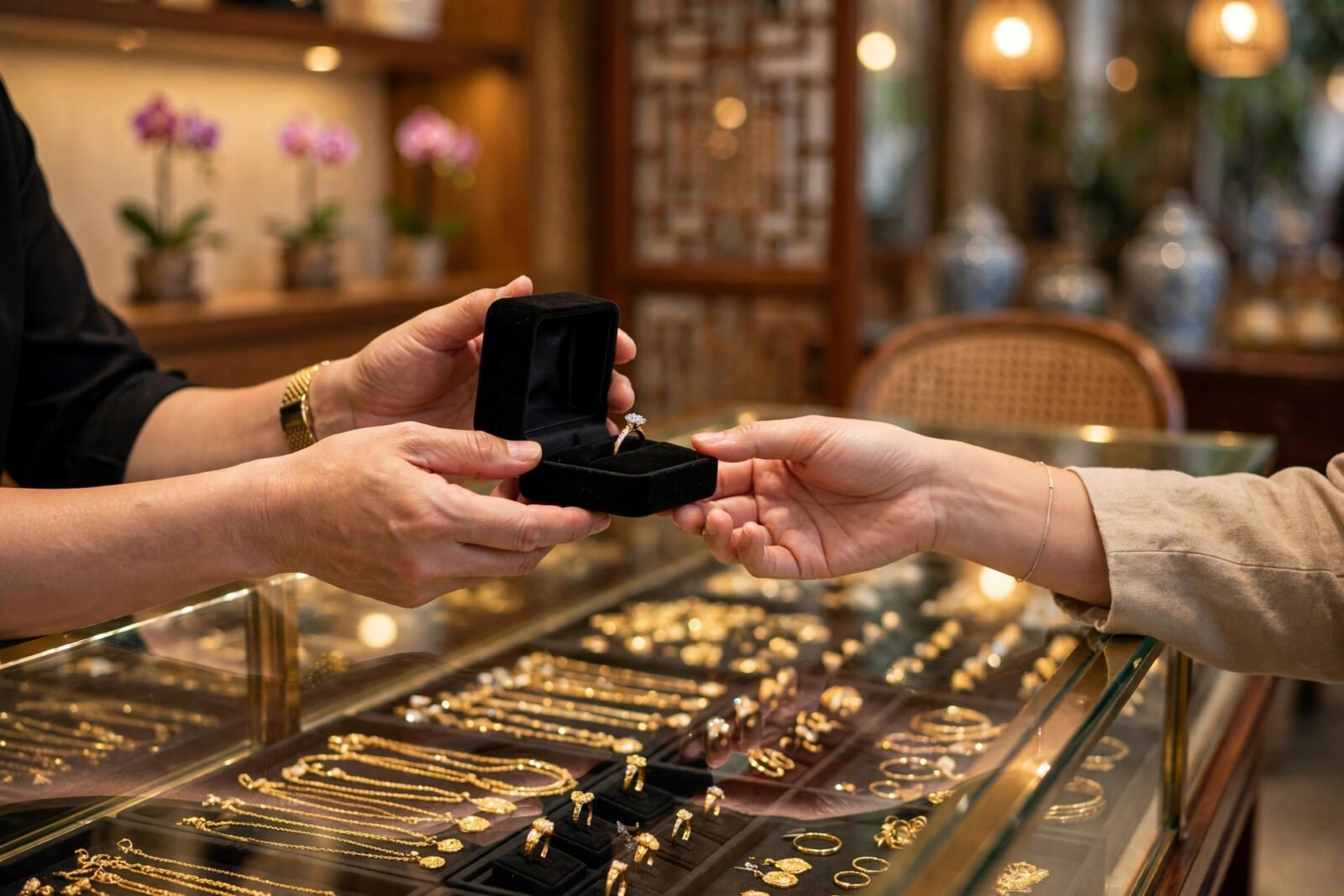 Khách hàng nhận nhẫn kim cương tại quầy trang sức, chính sách thu đổi kim cương PNJ theo giá thị trường