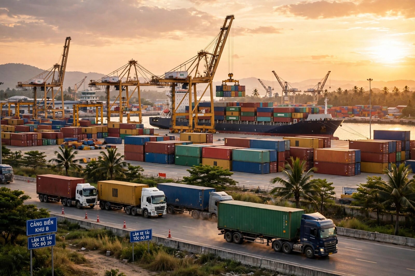 Cảng container tại Việt Nam lúc hoàng hôn, đầu tư hạ tầng logistics VinaCapital và A.P. Moller Capital