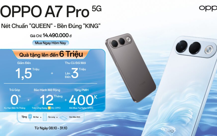 OPPO A7 Pro 5G trong ảnh giới thiệu chính thức với hai phiên bản màu và chương trình ưu đãi mở bán