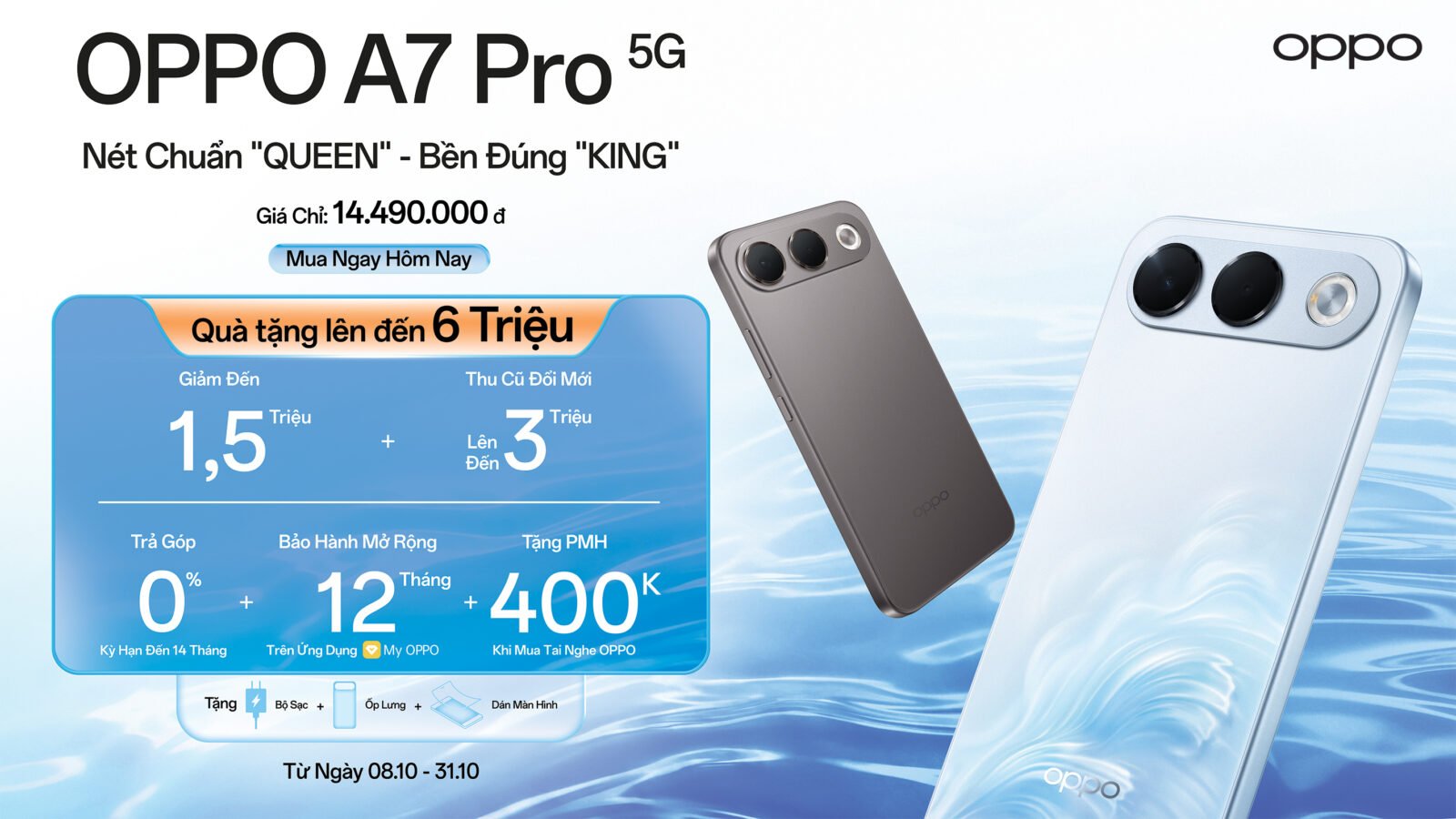 OPPO A7 Pro 5G hai phiên bản màu Xanh Sóng Biển và Titan Ánh Kim trong ảnh giới thiệu sản phẩm
