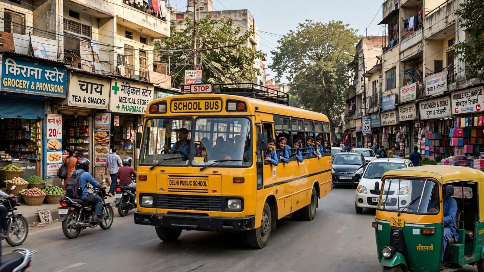 Xe buýt trường học màu vàng chạy trên đường phố đông đúc tại Delhi, Ấn Độ, giữa xe ba bánh và xe máy