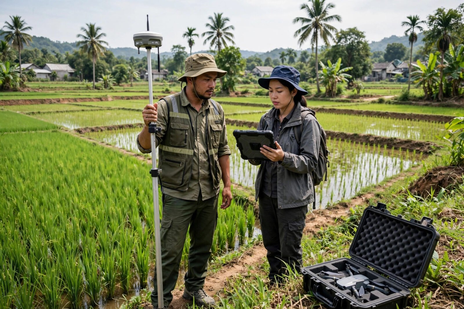 Đội đo đạc dùng thiết bị định vị vệ tinh GNSS kiểm tra thửa đất tại thực địa