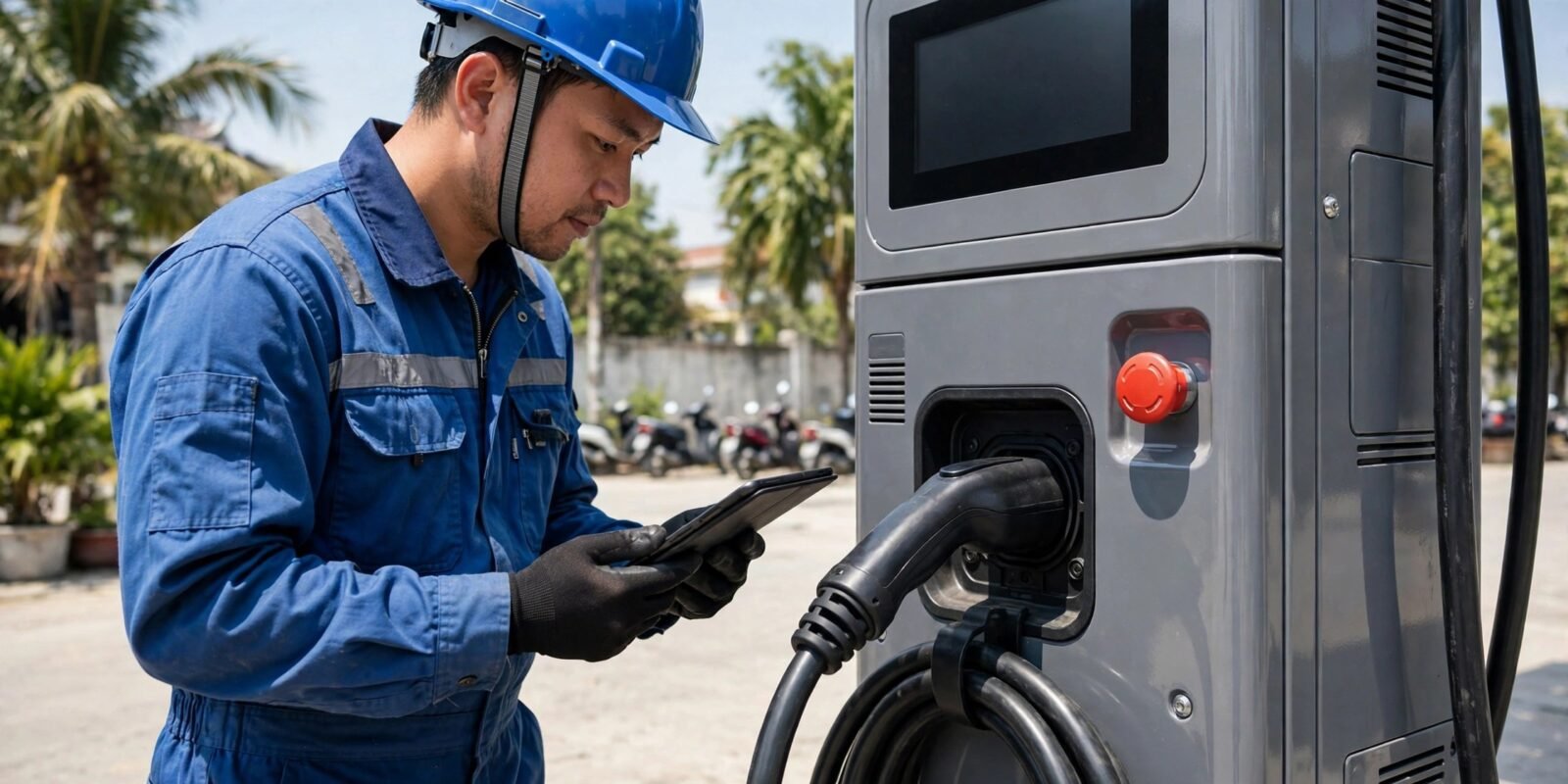Kỹ thuật viên kiểm tra an toàn trụ sạc theo quy chuẩn trạm sạc xe điện
