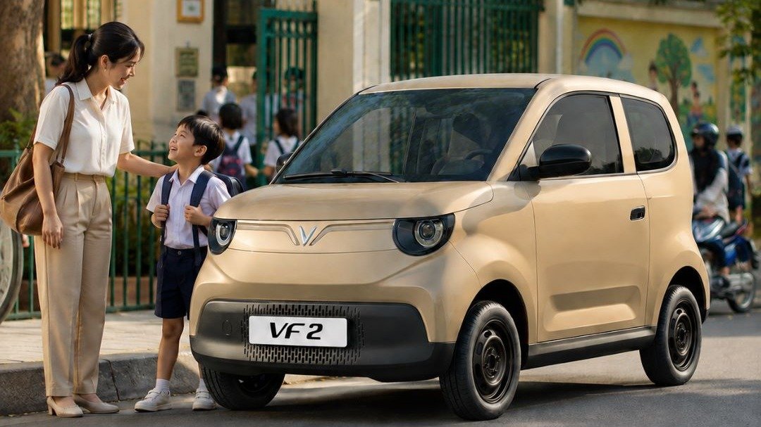 VinFast VF 2 màu be đón con trước cổng trường