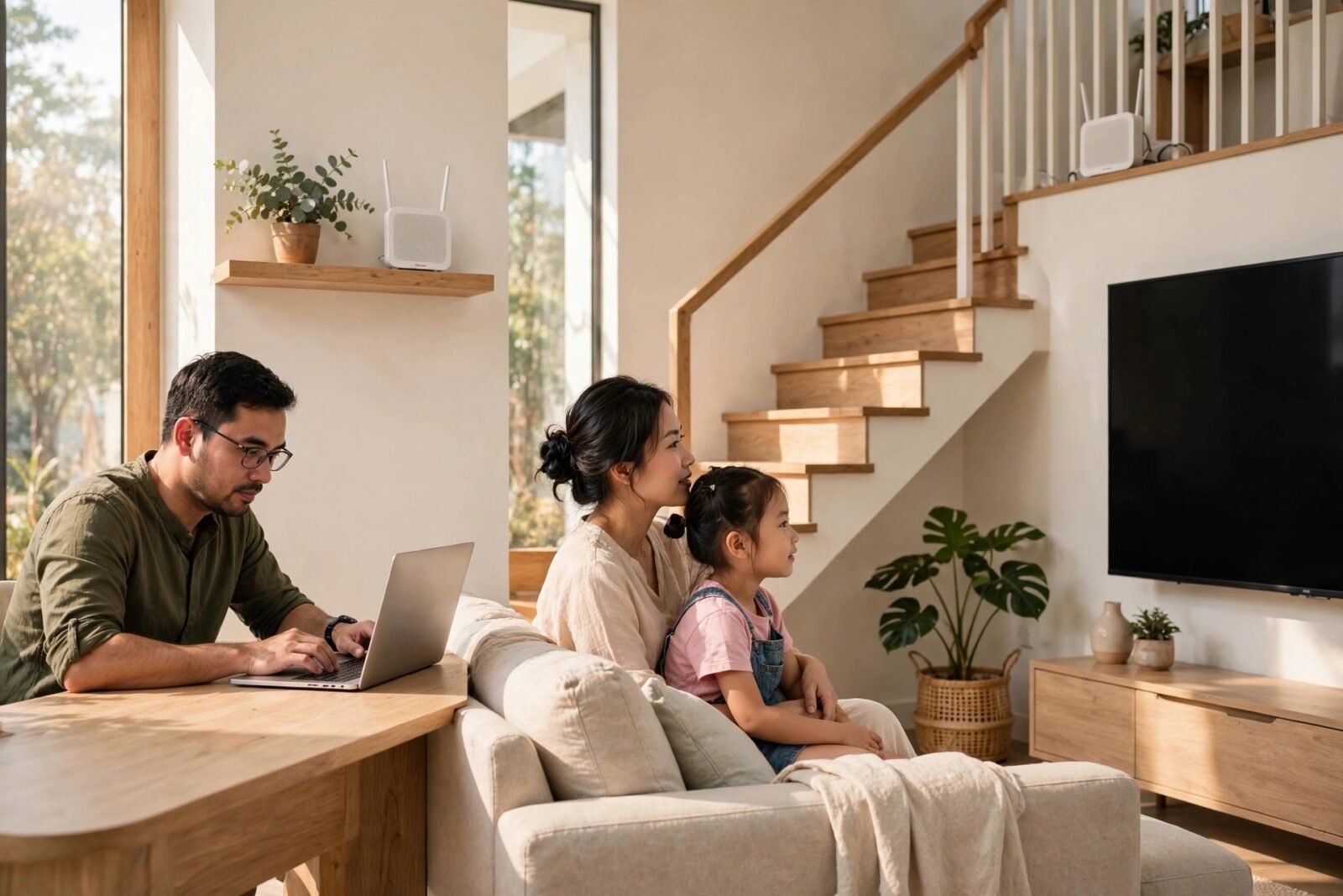 Gia đình Việt Nam sử dụng Internet VNPT với Wi-Fi Mesh trong nhà nhiều tầng