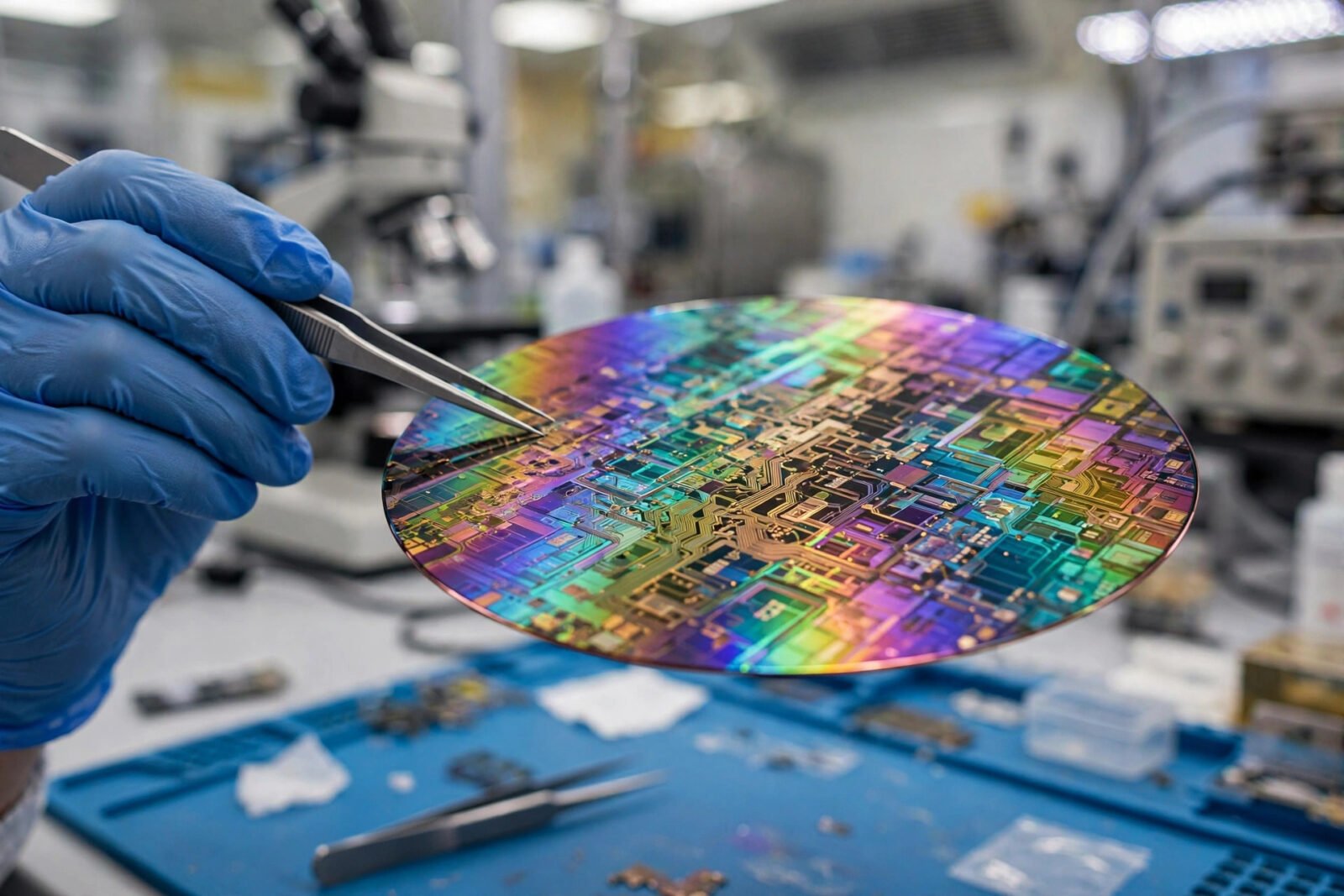 Tấm wafer silicon với mạch tích hợp được cầm bằng nhíp trong phòng thí nghiệm